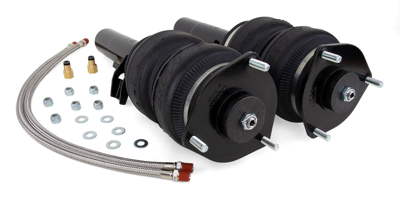A pair of Air Lift Performance black double bellows progressive rate air springs with gloss black steel brackets, braided stainless steel leader hoses and fittings. Air suspension part