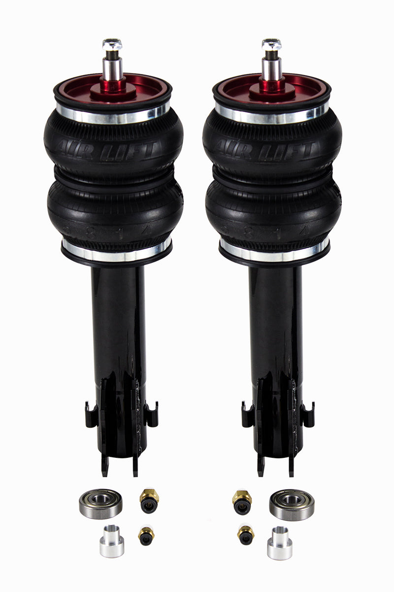 A pair of Air Lift Performance red accented over-air struts with double bellows progressive rate air springs, powdercoated gloss black brackets and fittings. Air suspension kit part