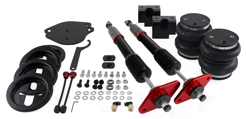 A pair of Air Lift Performance red accented threaded monotube struts with double bellows progressive rate air springs, roll plates, mounting brackets and fittings. Air suspension kit part