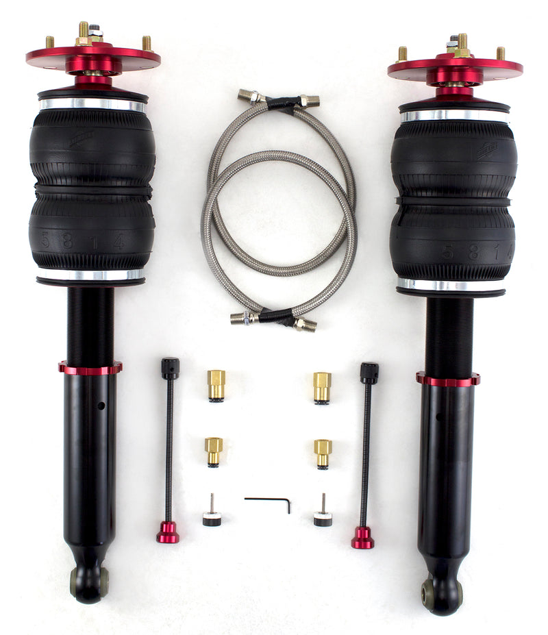 A pair of Air Lift Performance red accented monotube struts with double bellows progressive rate air springs with red anodized aluminum upper mounts and remote damping extenders. Braided stainless steel leader hoses and fittings. Air suspension kit part