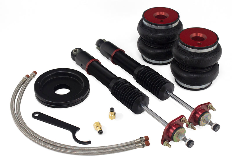 A pair of Air Lift Performance red accented high performance monotube shocks and double bellows progressive rate air springs, stainless steel leader hoses and mounting hardware. Air suspension kit part