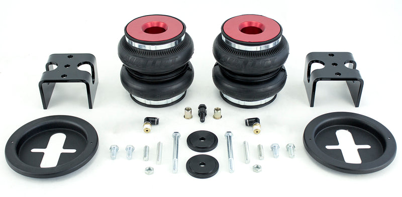 A pair of Air Lift Performance red accented double bellows progressive rate air springs with roll plates, powdercoated gloss black steel brackets and fittings. Air suspension kit part