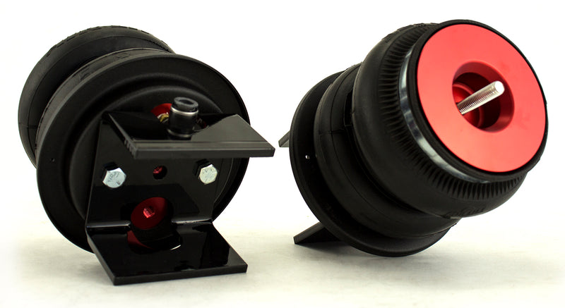 A pair of Air Lift Performance red accented double bellows progressive rate air springs with roll plates and powdercoated gloss black steel brackets. Air suspension kit part