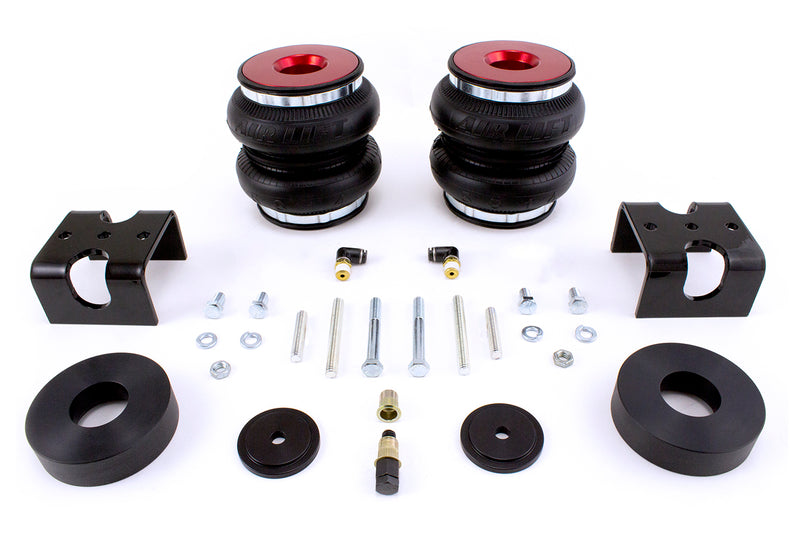 A pair of Air Lift Performance red accented double bellows progressive rate air springs with mounting brackets and installation hardware. Air suspension kit part