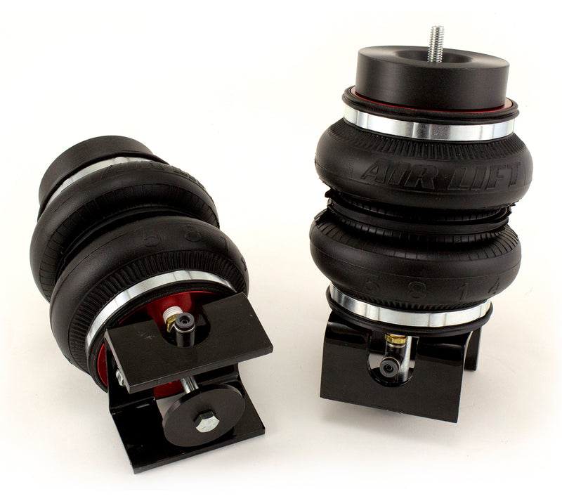 A pair of Air Lift Performance red accented double bellows progressive rate air springs with mounting brackets.  Air suspension kit part
