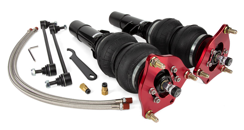 A pair of Air Lift Performance red accented high performance monotube shocks with double bellows progressive rate air springs, sway bar endlnks, braided stainless steel leader hoses and fittings.  Air suspension kit part