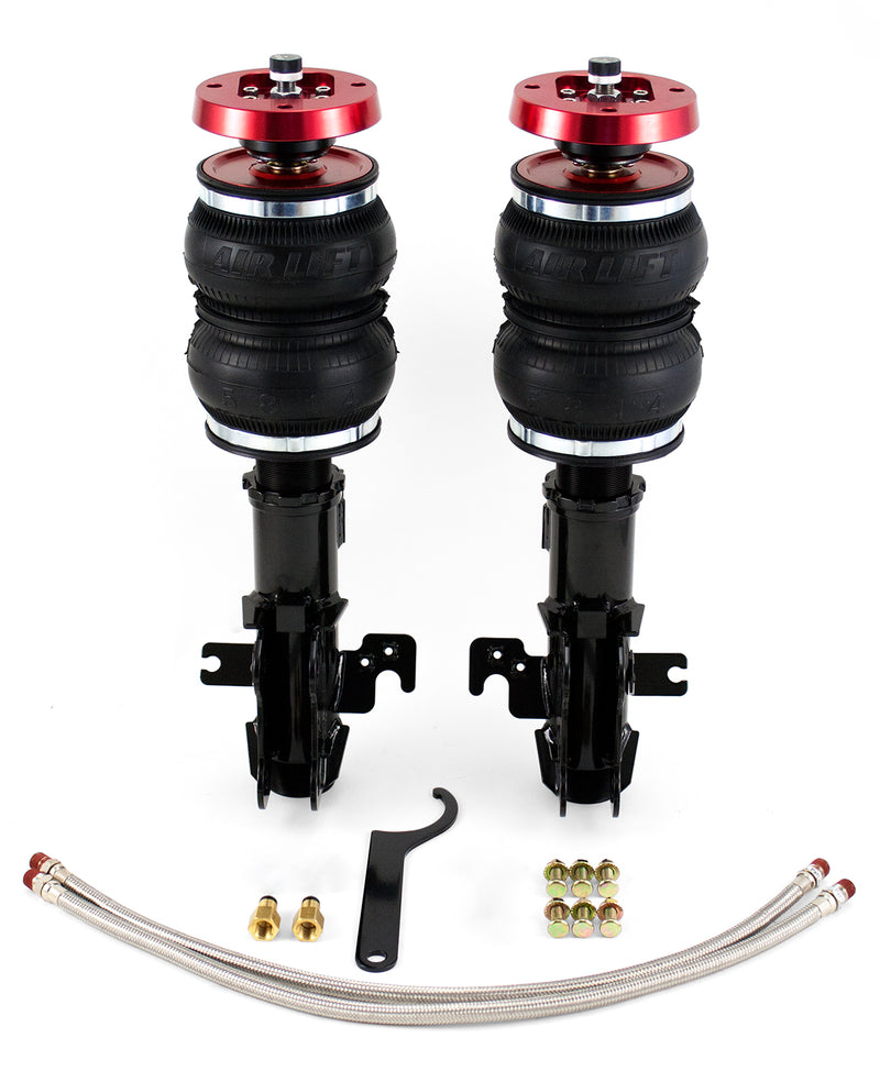 A pair of Air Lift Performance red accented threaded body air-over shocks with double bellows progressive rate air springs along with adjustable camber plates, black powdercoated mounting brackets, stainless steel leader hoses and fittings. Air suspension part