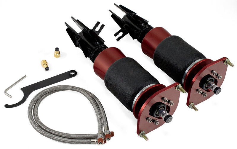 A pair of Air Lift Performance red accented threaded body air-over shocks with progressive rate sleeve-style air springs and adjustable camber plates. Powdercoated gloss black steel brackets, braided stainless steel leader hoses and fittings. Air suspension kit part