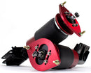 A pair of Air Lift Performance red accented threaded body air-over shocks with progressive rate sleeve-style air springs, adjustable camber plates and powdercoated gloss black steel brackets.  Air suspension kit part