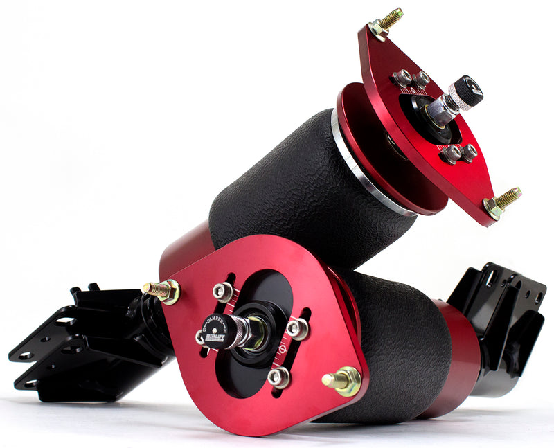 A pair of Air Lift Performance red accented threaded body air-over shocks with progressive rate sleeve-style air springs, adjustable camber plates and powdercoated gloss black steel brackets.  Air suspension kit part