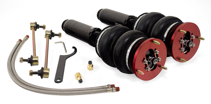 A pair of Air Lift Performance red accented high performance monotube shocks with double bellows progressive rate air springs with stainless steel leader hoses, sway bar endlinks and fitting hardware. Air suspension kit part