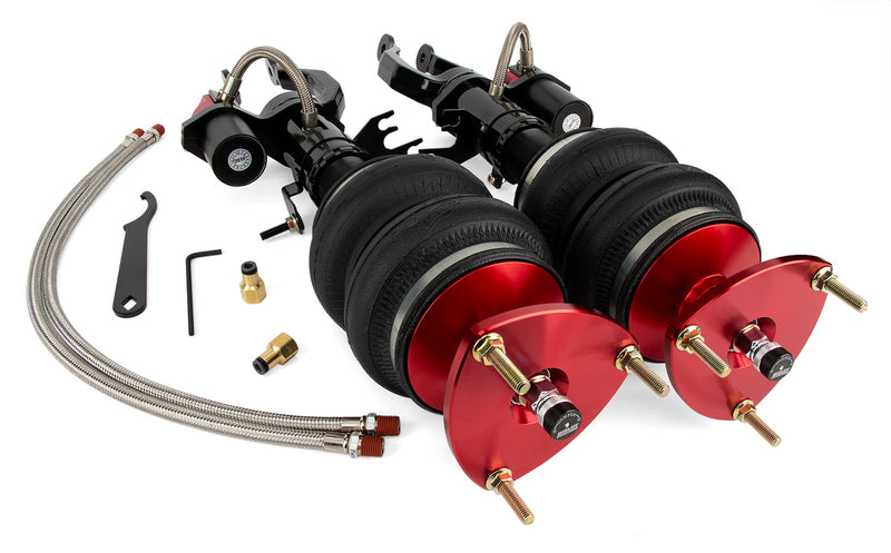 A pair of Air Lift Performance red accented monotube struts with independent adjusters for compression and rebound damping as well as piggyback style nitrogen canisters, and compact double bellows progressive rate air springs. Pair of braided stainless steel leader hoses and fitting hardware. Air suspension kit part