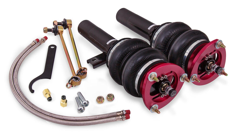 A pair of Air Lift Performance red accented threaded body air-over monotube shocks with double bellows progressive rate air springs, powdercoated gloss black steel brackets, braided stainless steel leader hoses, sway bar endlinks and fittings. Air suspension kit part