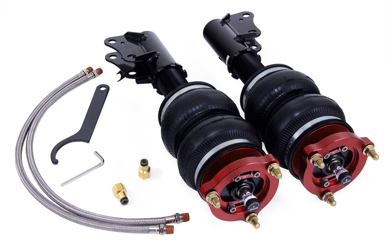 A pair of Air Lift Performance red accented high performance monotube shocks with double bellows progressive rate air springs with bolt-in camber plates and powdercoated gloss black mounting brackets, braided stainless steel leader hoses and fittings. Air suspension part