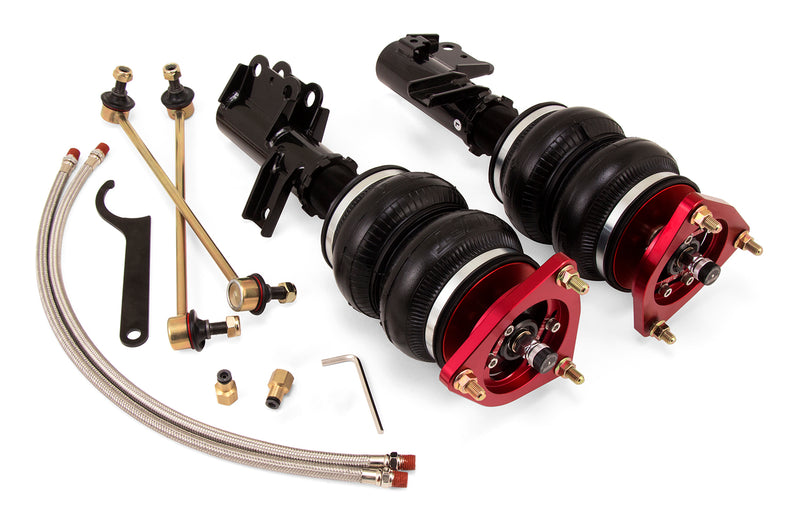 A pair of Air Lift Performance threaded monotube struts with double bellows progressive rate springs with bolt-in camber plates and powdercoated gloss black mounting brackets. Sway bar endlinks, braided stainless steel leader hoses and fittings. Air suspension kit part