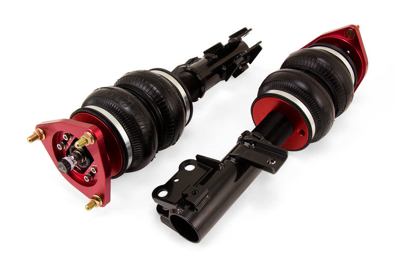 A pair of Air Lift Performance threaded monotube struts with double bellows progressive rate springs and powdercoated gloss black mounting brackets. Air suspension kit part