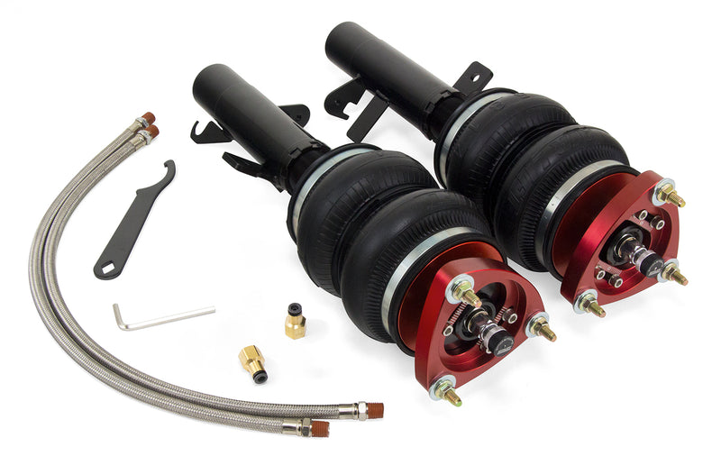 A pair of Air Lift Performance red accented threaded monotube struts with double bellows progressive rate air springs with bolt-in camber plates, pair of braided stainless steel leader hoses and fittings. Air suspension kit part