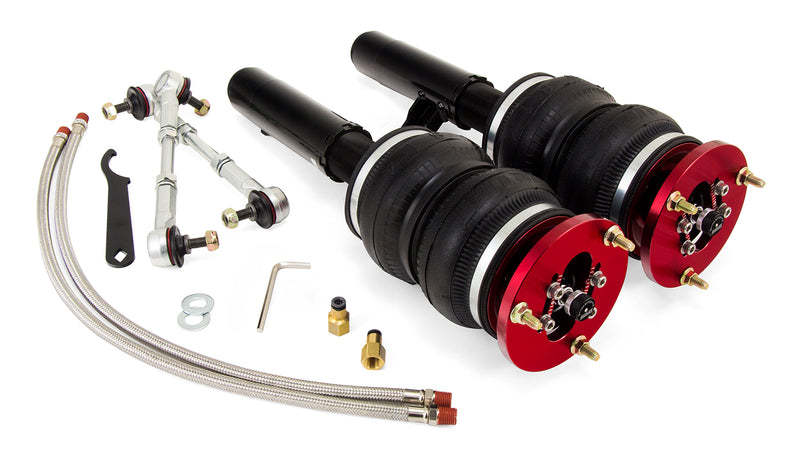 A pair of Air Lift Performance red accented threaded monotube struts with double bellows progressive rate air springs, sway bar endlinks, stainless steel leader hoses and fitting hardware.  Air suspension kit part