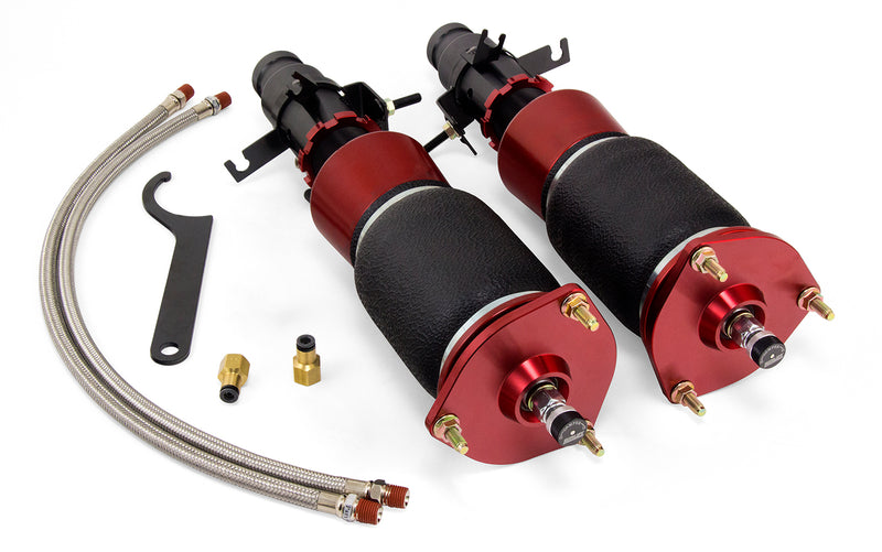 A pair of Air Lift Performance red accented threaded body air-over shocks with progressive rate sleeve-style air springs, pair of stainless steel leader hoses and fittings. Air suspension kit part