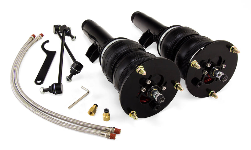 A pair of Air Lift Performance threaded body over-air struts with compact double bellows progressive rate air springs with bolt-in camber plates, stainless steel leader hoses and fittings. Air suspension kit part