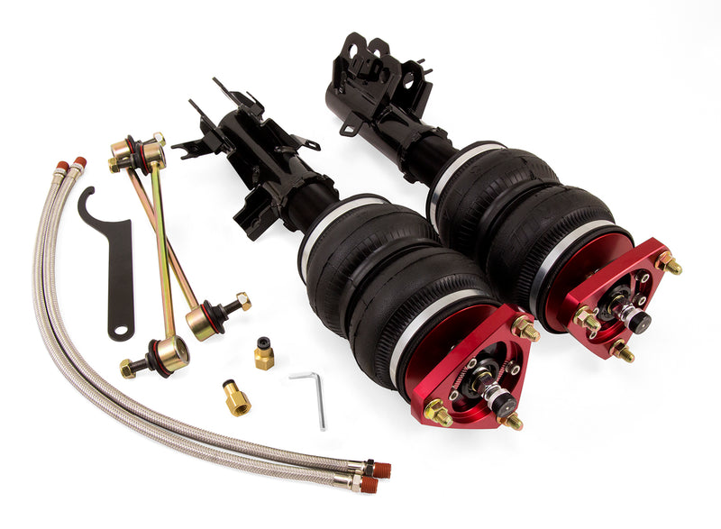 A pair of Air Lift Performance red accented high performance monotube struts with double bellows progressive rate air springs with bolt-in camber plates, sway bar endlinks and braided stainless steel leader hoses. Black steel mounting brackets and fittings. Air suspension kit part