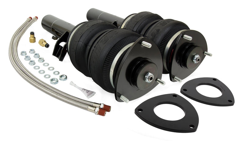 A pair of Air Lift Performance SLAM valved struts with anodized aluminum accented double bellows springs , powdercoated gloss black steel brackets, braided stainless steel leader hoses and fittings. Air suspension kit part