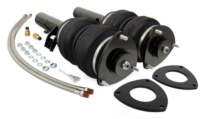 A pair of Air Lift Performance SLAM valved struts with anodized aluminum accented double bellows springs with stainless steel leader hoses and fittings. Air suspension kit part