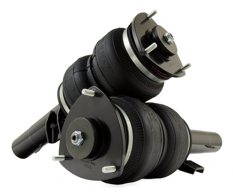 A pair of Air Lift Performance SLAM valved struts with anodized aluminum accented double bellows springs and powdercoated gloss black steel brackets. Air suspension kit part