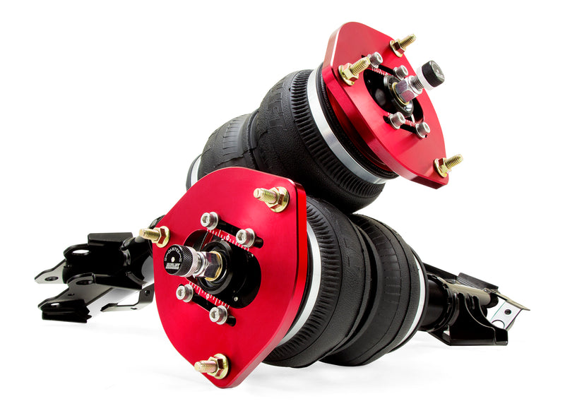 A pair of Air Lift Performance red accented air-over monotube struts with double bellows progressive rate springs with bolt-in camber plates, anodized aluminum accents and powdercoated black mounting brackets. Air suspension part