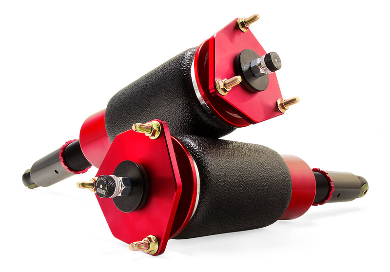 A pair of Air Lift Performance red accented threaded body air-over shocks with progressive rate sleeve-style air springs with powdercoated gloss black steel brackets. Air suspension kit part