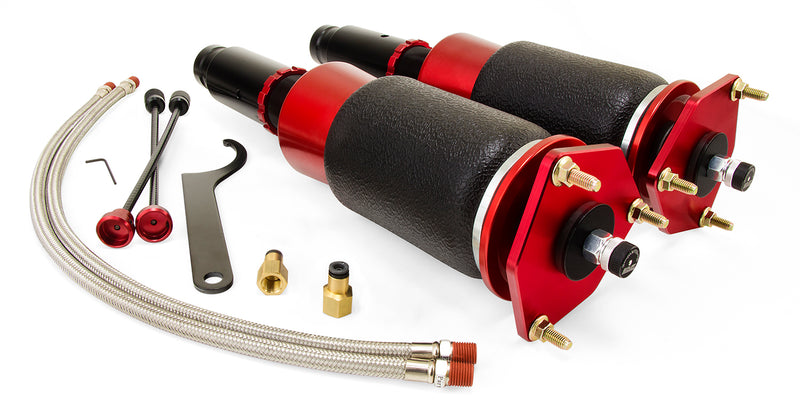 A pair of Air Lift Performance red accented threaded body air-over shocks with progressive rate sleeve-style air springs with powdercoated gloss black steel brackets, pair of braided stainless steel leader hoses and fittings. Air suspension kit part