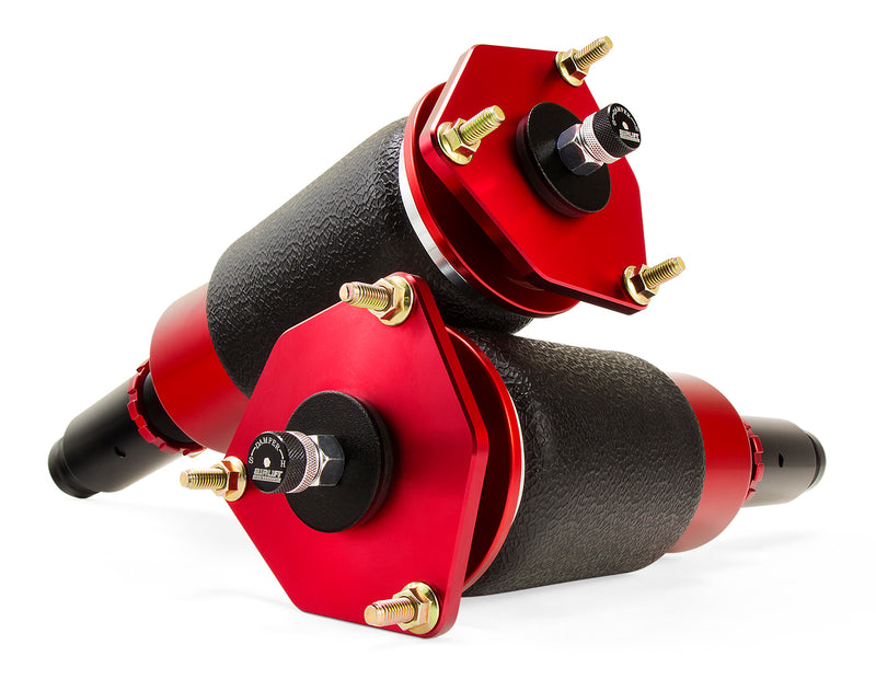 A pair of Air Lift Performance red accented threaded body air-over shocks with progressive rate sleeve-style air springs with powdercoated gloss black steel brackets.  Air suspension kit part