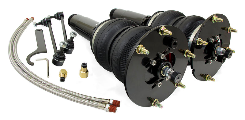 A pair of high performance monotube struts with compact double bellows progressive rate air springs with built-in camber plates, stainless steel leader hoses and fittings. Air suspension kit part