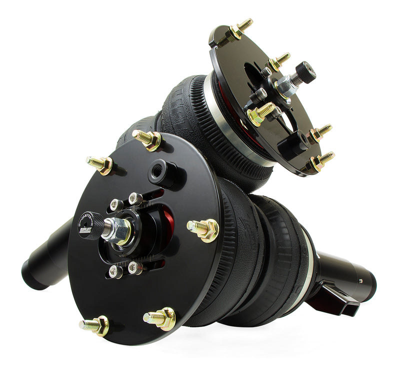 A pair of high performance monotube struts with compact double bellows progressive rate air springs with built-in camber plates.  Air suspension kit part