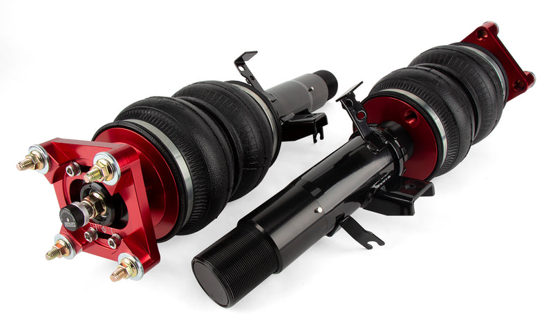 A pair of Air Lift Performance threaded monotube struts with double bellows progressive rate air springs, bolt-in camber plates and anodized aluminum accents along with powdercoated gloss black mounting brackets. Air suspension kit part