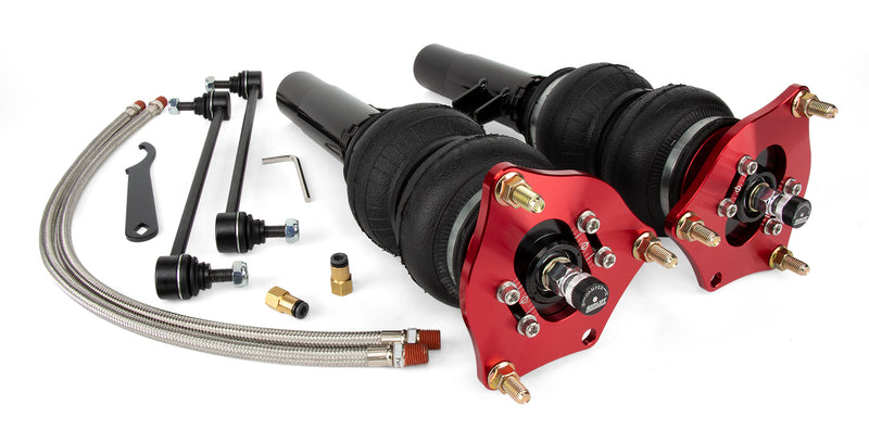 A pair of Air Lift Performance red accented high performance monotube struts with double bellows progressive rate air springs with sway bar endlinks, braided stainless steel leader hoses and fittings. Air suspension kit part