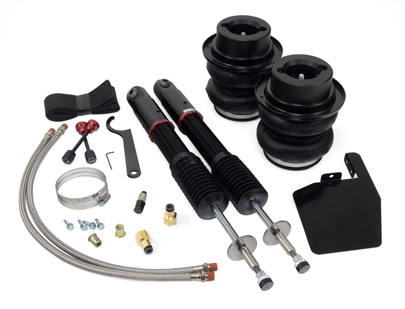 A pair of Air Lift Performance red accented threaded high performance monotube struts with double bellows progressive rate air springs with roll plates, remote damping extenders and braided stainless steel leader hoses along with fittings. Air suspension kit part