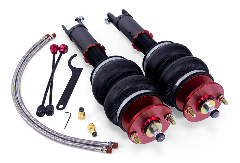A pair of Air Lift Performance red accented air-over monotube struts with double bellows-style progressive rate air spring, stainless steel leader hoses and fittings. Air suspension kit part