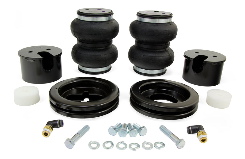 A pair of Air Lift Performance anodized aluminum accented black double bellows progressive rate air springs with roll plates and powdercoated gloss black steel brackets. Air suspension kit part