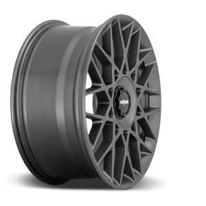 Side view of a Rotiform BLQ-C monoblock cast aluminum multi spoke automotive wheel in a matte anthracite finish with a black center cap with a silver Rotiform logo.
