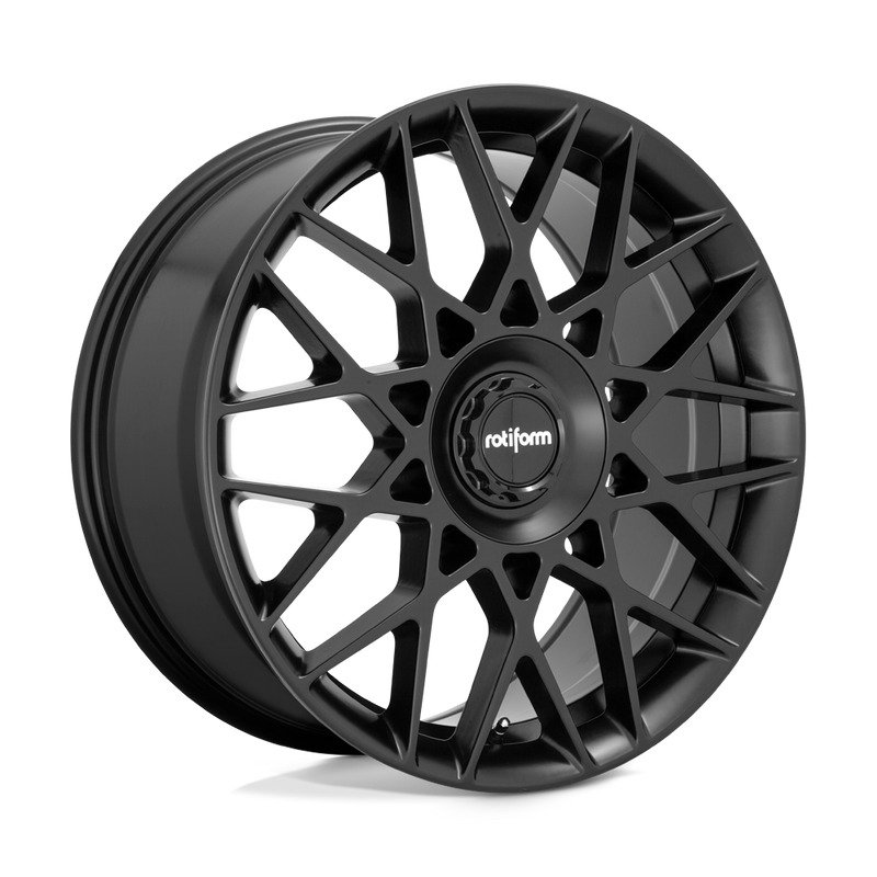 Rotiform BLQ-C monoblock cast aluminum multi spoke automotive wheel in a matte black finish with a black center cap with a silver Rotiform logo.