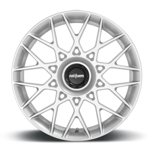 Front face view of a Rotiform BLQ-C monoblock cast aluminum multi spoke automotive wheel in a silver finish with a black center cap with a silver Rotiform logo.