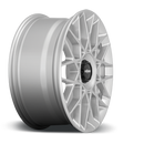 Side view of a Rotiform BLQ-C monoblock cast aluminum multi spoke automotive wheel in a silver finish with a black center cap with a silver Rotiform logo.