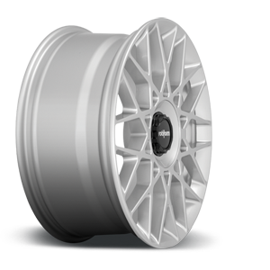 Side view of a Rotiform BLQ-C monoblock cast aluminum multi spoke automotive wheel in a silver finish with a black center cap with a silver Rotiform logo.