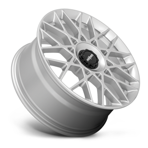 Tilted side view of a Rotiform BLQ-C monoblock cast aluminum multi spoke automotive wheel in a silver finish with a black center cap with a silver Rotiform logo.