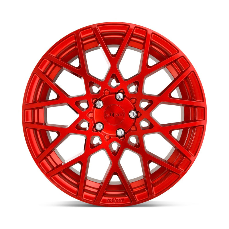 Front face view of a Rotiform BLQ monoblock cast aluminum 10 spoke mesh pattern automotive wheel in a candy red finish with an embossed Rotiform logo on the lip and a red Rotiform logo center cap.