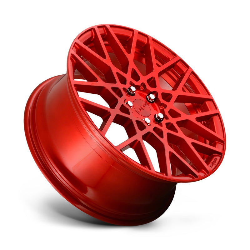 Tilted side view of a Rotiform BLQ monoblock cast aluminum 10 spoke mesh pattern automotive wheel in a candy red finish with an embossed Rotiform logo on the lip and a red Rotiform logo center cap.