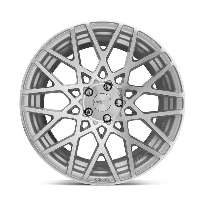 Front face view of a Rotiform BLQ monoblock cast aluminum 10 spoke mesh pattern automotive wheel in a gloss silver machined finish with an embossed Rotiform logo on the lip and a silver Rotiform logo center cap.