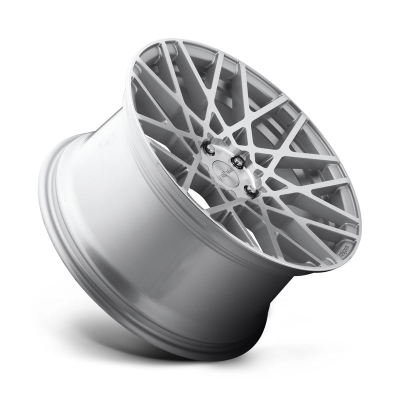 Tilted side view of a Rotiform BLQ monoblock cast aluminum 10 spoke mesh pattern automotive wheel in a gloss silver machined finish with an embossed Rotiform logo on the lip and a silver Rotiform logo center cap.