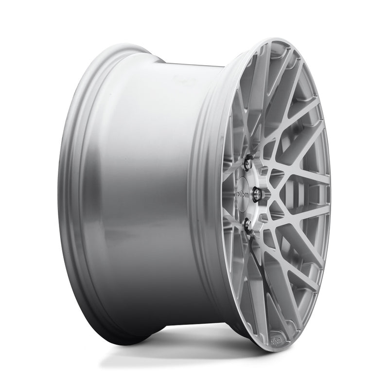 Side view of a Rotiform BLQ monoblock cast aluminum 10 spoke mesh pattern automotive wheel in a gloss silver machined finish with an embossed Rotiform logo on the lip and a silver Rotiform logo center cap.